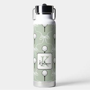 Cute Sage White Bow Golf Pattern Monogram  Water Bottle