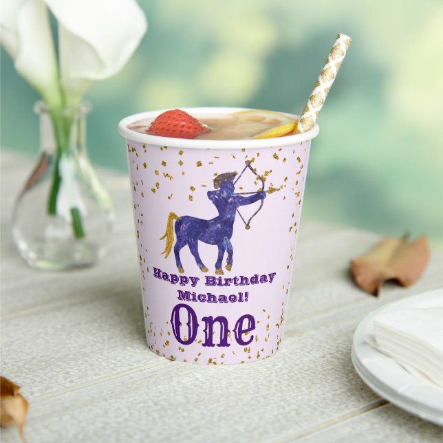 Cute Sagittarius First Birthday & Gold Confetti Paper Cups (Insitu)