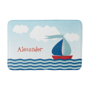 Cute Sailboat on Water, Personalised Nautical Bath Mat
