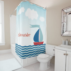 Cute Sailboat on Water, Personalised Nautical Shower Curtain