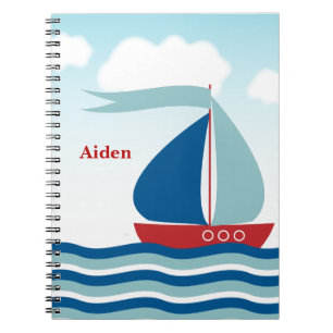 Cute Sailboat on Water Waves Monogram Spiral Notebook