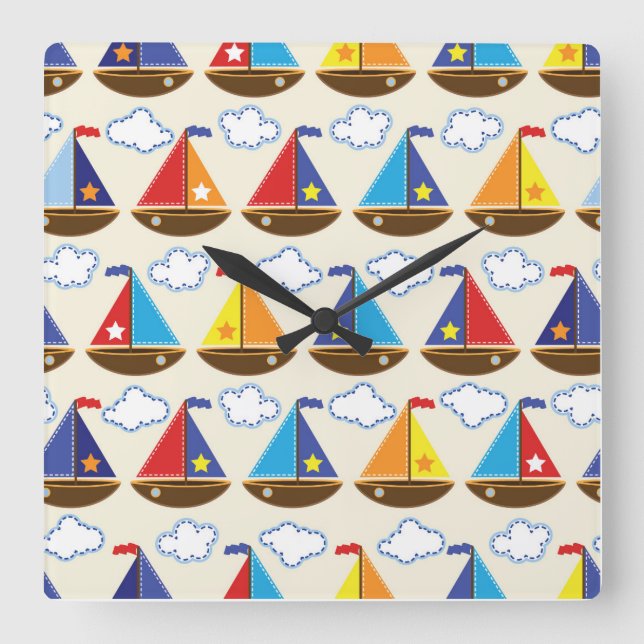 Cute Sailboat Pattern 2 Square Wall Clock (Front)