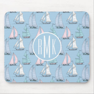 Cute Sailboat Pattern Monogram Mouse Pad