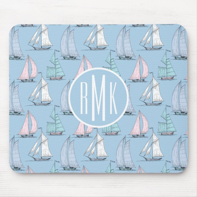 Cute Sailboat Pattern | Monogram Mouse Pad (Front)