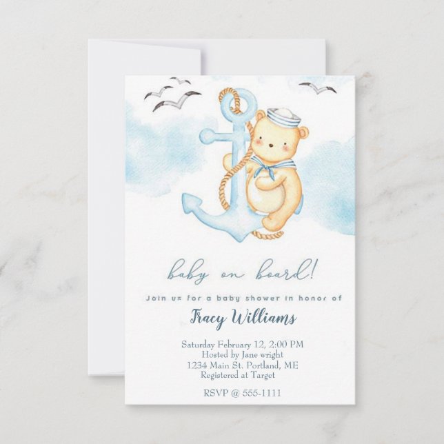 Cute sailor bear baby shower invitation (Front)