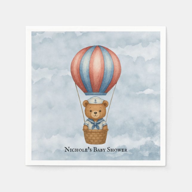 Cute Sailor Bear Hot Air Balloon Boy Baby Shower Napkin (Front)