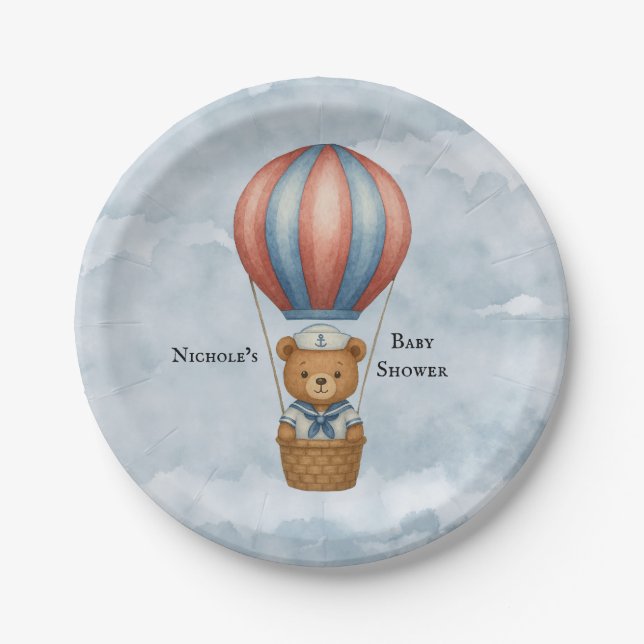 Cute Sailor Bear Hot Air Balloon Boy Baby Shower Paper Plate (Front)