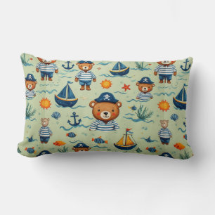 Cute Sailor Bear Pattern With Navy Stripes Lumbar Cushion