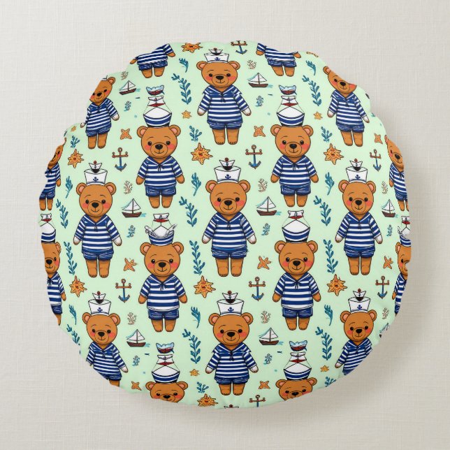 Cute Sailor Bear Pattern With Navy Stripes Round Cushion (Front)