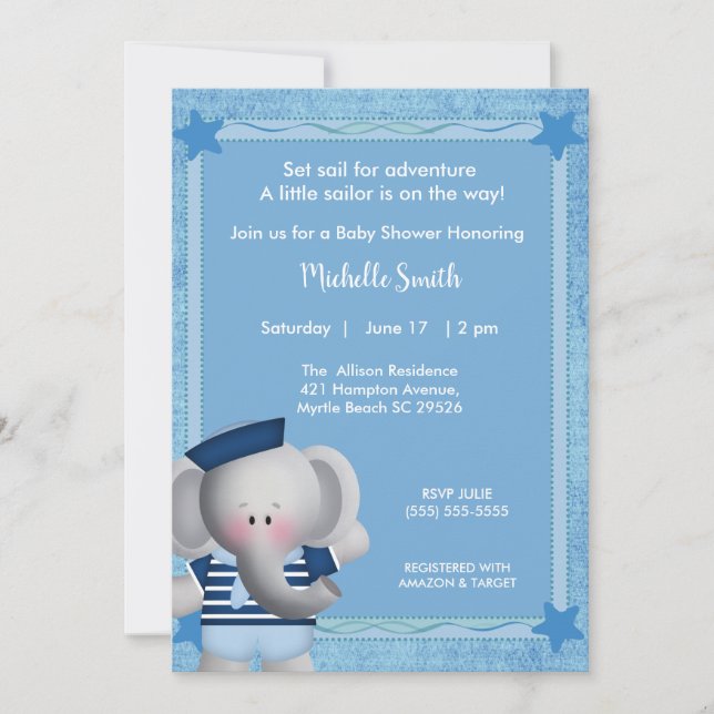 Cute Sailor Elephant Baby Shower Invitation (Front)