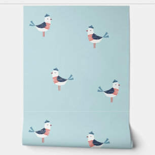 Cute Sailor Seagulls on light blue Wallpaper