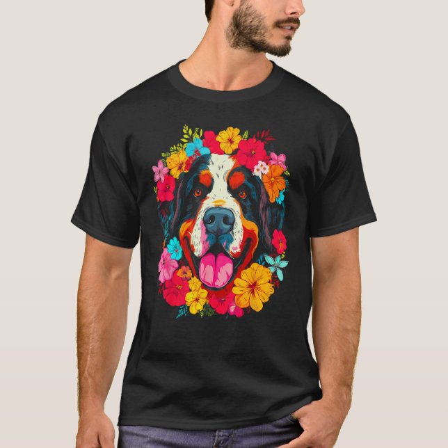 Cute Saint Bernard Dog Flower T-Shirt (Front)