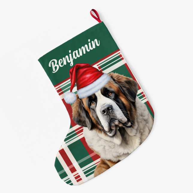 Cute Saint Bernard Dog Plaid Custom Large Christmas Stocking (Back (Hanging))