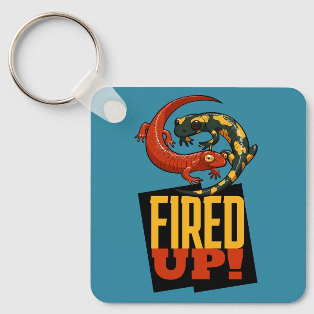 Cute Salamanders Fired Up! Motivational Cartoon Key Ring (Front)