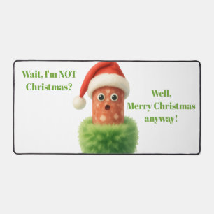Cute salami surprised Christmas in fluffy green Desk Mat