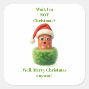 Cute salami surprised Christmas in fluffy green Square Sticker