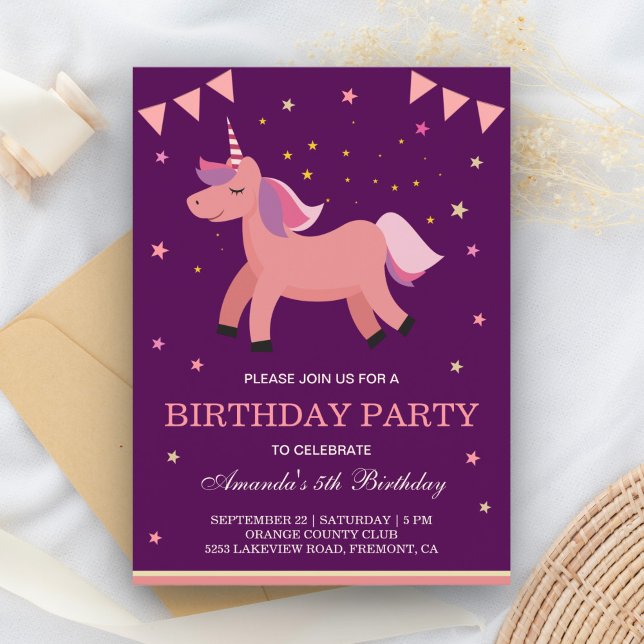 Cute Salmon Pink Magical Unicorn Birthday Party Invitation Postcard (Creator Uploaded)