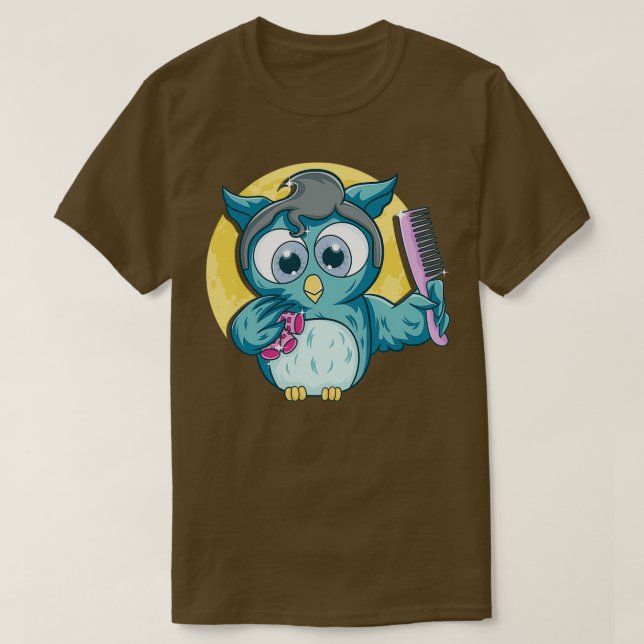 Cute Salon Owl Comb Haircut Hairdresser Hairstylis T-Shirt (Design Front)