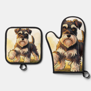 Cute Salt and Pepper Schnauzer Puppy  Oven Mitt & Pot Holder Set