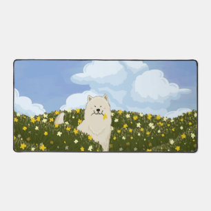 Cute Samoyed Dog in Field of Yellow Flowers (Blue) Desk Mat