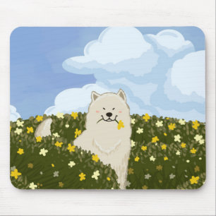 Cute Samoyed Dog in Field of Yellow Flowers (Blue) Mouse Pad