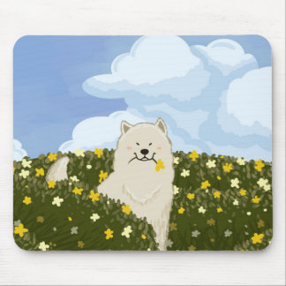 Cute Samoyed Dog in Field of Yellow Flowers (Blue) Mouse Pad