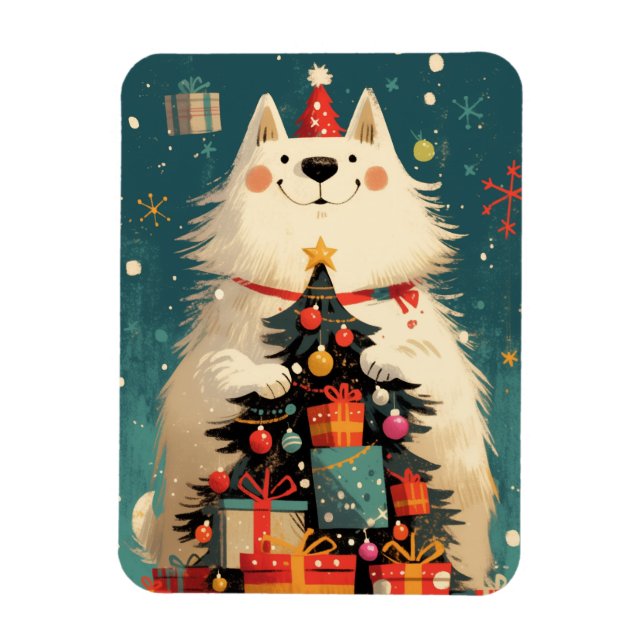Cute Samoyed dog with Christmas holiday Magnet (Vertical)