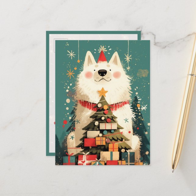 Cute Samoyed dog with Christmas Postcard (Front/Back In Situ)