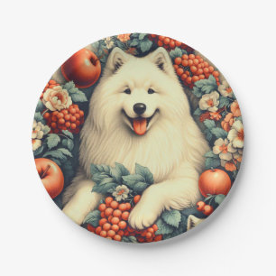 Cute Samoyed Floral Painting Paper Plate