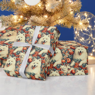 Cute Samoyed Floral Painting Wrapping Paper