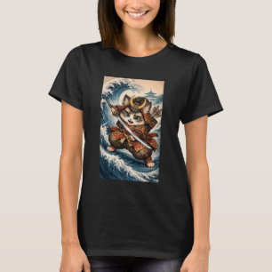 Cute Samurai Cat Great Wave Japanese Art - Funny V T-Shirt