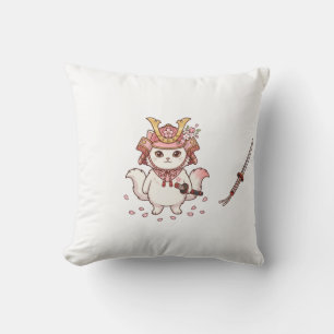 Cute Samurai Cat in Pink Sakura Helmet Cushion