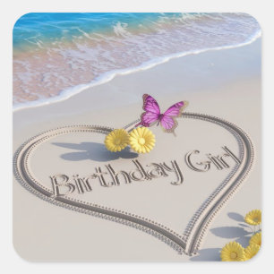 Cute Sand Art Butterfly Floral Birthday  Square Sticker