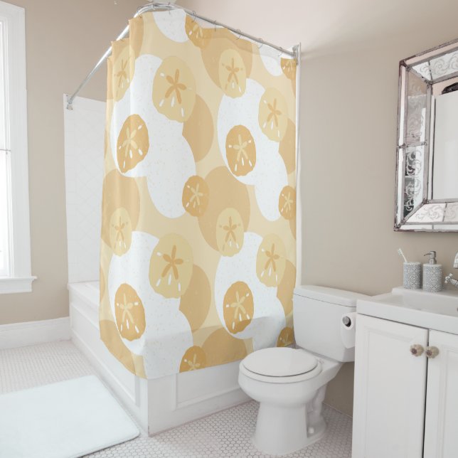 Cute Sand Dollar Coastal Print Beige White Pattern Shower Curtain (In Situ)