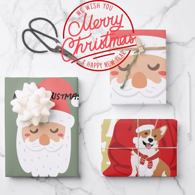 Cute Santa and funny Christmas dog Red and green Wrapping Paper Sheet (Creator Uploaded)