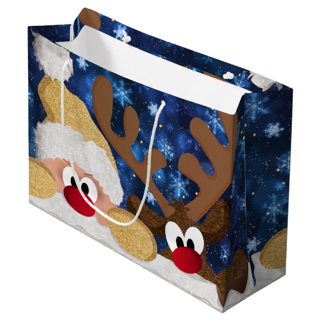Cute Santa and His Reindeer Large Gift Bag (Front Angled)