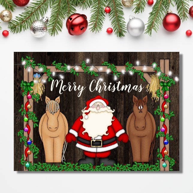 Cute Santa and Horses in Barn Merry Christmas Holiday Card (Creator Uploaded)