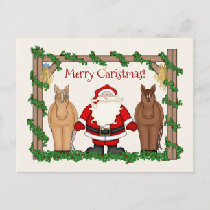 Cute Santa and Horses Merry Christmas Holiday Postcard