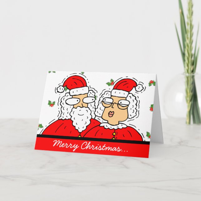 Cute Santa and Mrs. Claus With Holly Christmas Holiday Card (Front)
