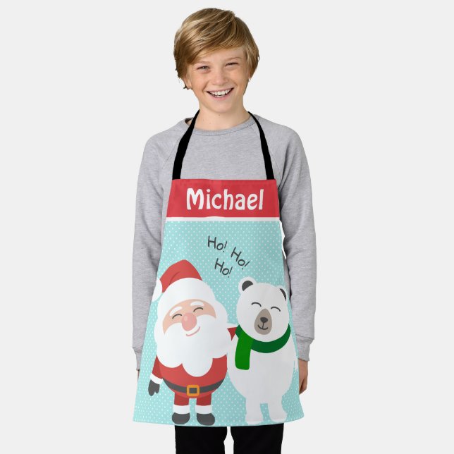 Cute Santa and Polar Bear Personalised Kids Apron (Worn)