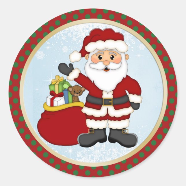 Cute Santa and presents Christmas Classic Round Sticker (Front)