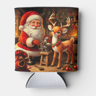 Cute Santa and Reindeer Can Cooler