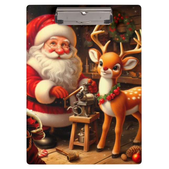 Cute Santa and Reindeer  Clipboard (Front)