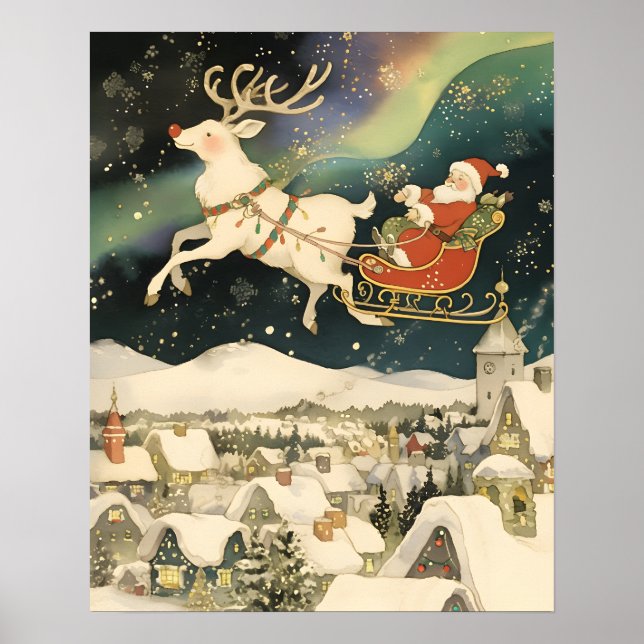 Cute Santa and Reindeer Flying Over Snowy Village Poster (Front)