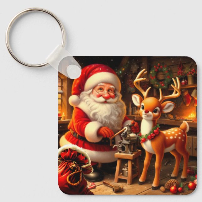 Cute Santa and Reindeer  Key Ring (Front)