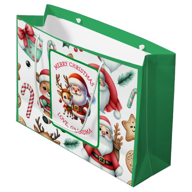 Cute Santa and Reindeer Personalised Christmas Large Gift Bag (Front Angled)