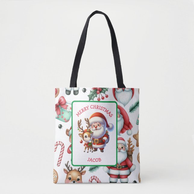 Cute Santa and Reindeer Personalised Christmas Tote Bag (Front)