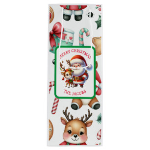 Cute Santa and Reindeer Personalised Christmas Wine Gift Bag