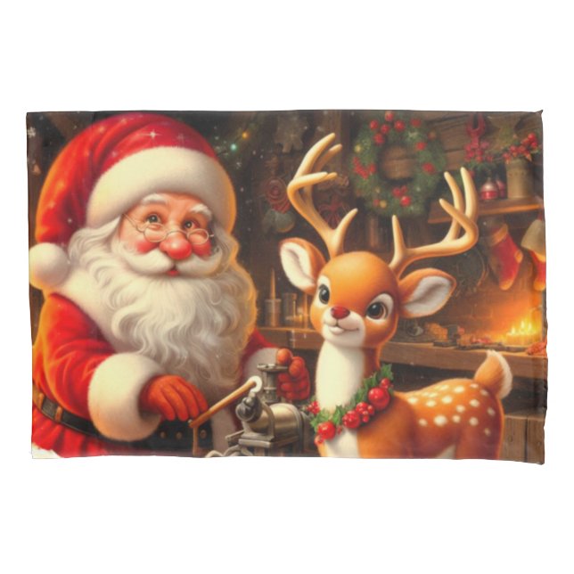 Cute Santa and Reindeer  Pillowcase (Front)