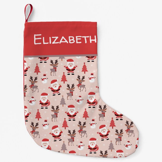 Cute Santa and Reindeer pink Christmas Small Christmas Stocking (Front)